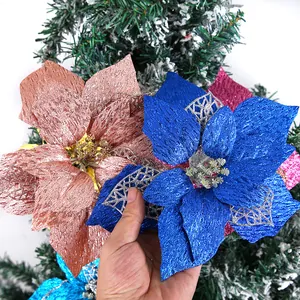 22cm triple-layered glitter fabric artificial Christmas flowers for holiday home decor