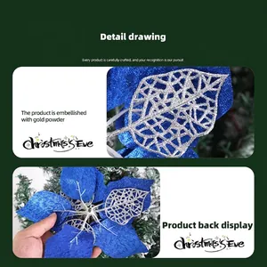 22cm blue Christmas artificial flower with silver glitter for holiday home decoration