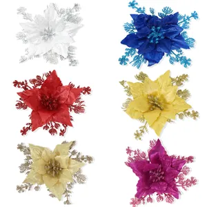 16cm artificial Christmas flowers with glitter in six vibrant colors for tree decor