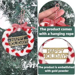 Festive red and white plush Christmas wreath ornament with gold Happy Holidays sign