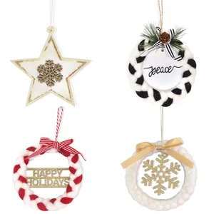 Christmas ornament set featuring wooden stars and plush braided wreaths for holiday decor