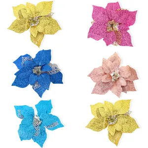 Set of 22cm glitter poinsettia artificial flowers for indoor Christmas home decoration