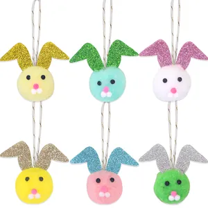 Juego de 6 coloridos adornos de peluche de conejo de Pascua con orejas de purpurina