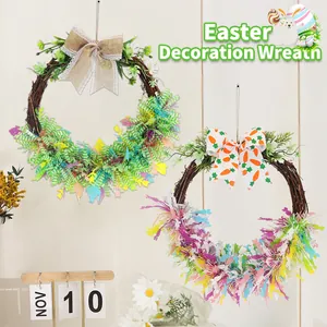 Easter Decoration Wreath Rattan Ring Colorful Eggs Rabbit Pattern Door Hanging Festive Spring Party Wall Decor