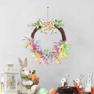 Easter wreath with bunny and carrot bow decor in a festive spring party scene