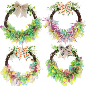 Four different Easter wreaths with colorful egg and bunny decorations for door hanging