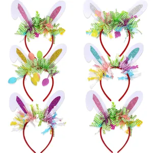 Set di 6 cerchietti con orecchie di coniglio pasquale colorati con glitter e ghirlande