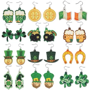 Orecchini a Pendente Trifoglio Verde Gnomo Boccale di Birra St Patrick Day Glitter Pelle PU Decorazione Festa Irlandese
