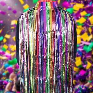 Vibrant multi-colored metallic tinsel party cape with fringe for festive celebrations.