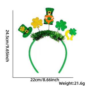 Green St. Patrick's Day headband with glittery shamrocks, leprechaun hat and gnome