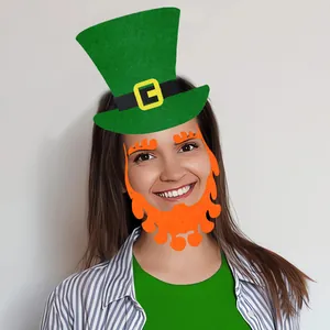 Panoplie de Saint-Patrick avec chapeau haut-de-forme vert et barbe en feutre orange