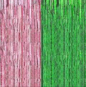 Detailed texture of pink and green metallic foil fringe curtains for party backdrops