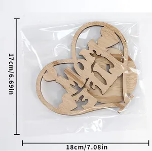 Detail view of hollow heart wooden MOM desk ornament with 18x17cm size markings