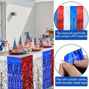Detailed view of red white and blue Independence Day foil table skirt with PET material