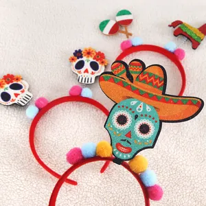 Vibrant Mexico Day of the Dead sugar skull headbands with sombreros and colorful poms.