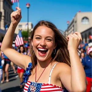 Cheerful woman wearing USA flag peace pendant and red bead chain for Independence Day