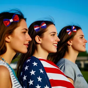 Patriotic red white and blue striped bow hair clips for US Independence Day celebration