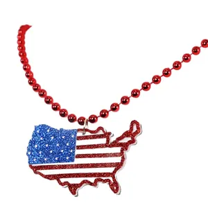 Patriotic USA flag map pendant necklace with red electroplated beads for July 4th
