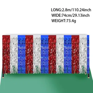Detailed view of red white and blue tinsel table skirt with dimensions 2.8m x 74cm