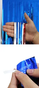 Close-up detail of red silver and blue metallic fringe table skirt with adhesive strip