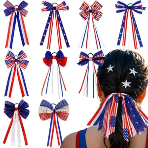 Independence Day Bowknot Hair Ties Polyester Stars Stripes Ribbon Hair Rope American Flag Patriotic Party Hair Accessories For Women Kids