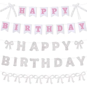 Glittery pink and silver Happy Birthday banner set featuring elegant bow decorations