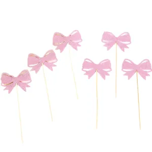 Set of six pink glitter paper bow cake toppers for girls birthday party decorations