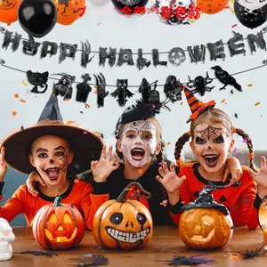 Vibrant Halloween party decorations set featuring 'Happy Halloween' banner and spooky props
