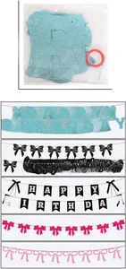 Detailed view of glittery happy birthday banners with bows in blue black and pink