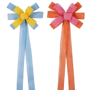 Large color-block double-layered faux linen decorative bows for party hanging ornaments
