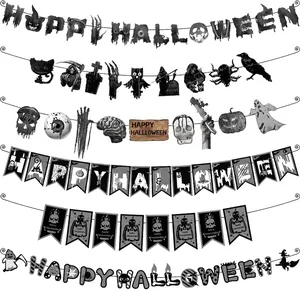 Paper Halloween Horror Banner Bloody Skeleton Pumpkin Ghost Bat Spider Garland For Party Indoor Outdoor Venue Decoration