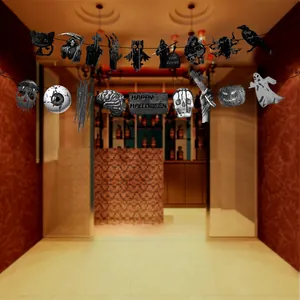 Detailed view of Halloween paper banner with horror skull and pumpkin icons