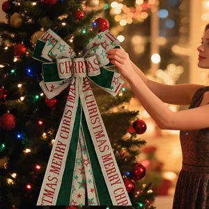 Large Christmas tree topper bow with red green velvet ribbons and star patterns
