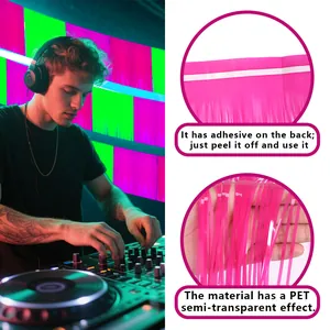 Detail view of PET fluorescent pink tinsel banner with adhesive back for party decoration
