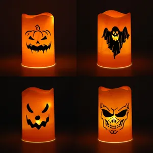 Halloween LED Electronic Candle Light Pumpkin Ghost Skeleton Patterns Orange Plastic Flameless Candle For Party Room Decoration
