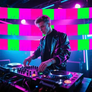 Fluorescent pink and green fringe banner as a party background decoration in a club scene.