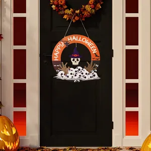Detailed view of Halloween wooden door sign featuring skulls and Happy Halloween text