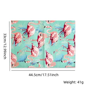 Detailed view of the flamingo print fabric placemat showing dimensions and weight
