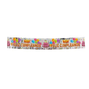Silver birthday fringe banner with Feliz Cumpleaños text and vibrant cartoon prints