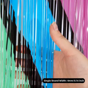 Detail view of rainbow tinsel fringe curtain showing 4mm strand width measurement