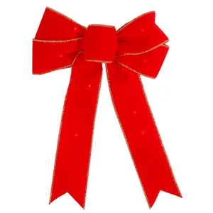 Grand nœud de Noël rouge avec lumières LED et bordure dorée pour décoration