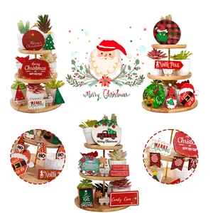 Festive Christmas tiered tray wooden decor set with ornaments and Merry Christmas signs