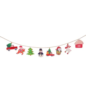 Festive Christmas wooden banner with Santa, snowman, and reindeer hanging ornaments