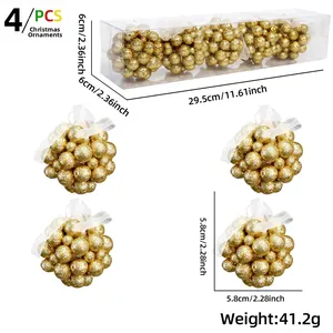 Detailed view of 4 gold glitter Christmas ball ornaments with size and weight info