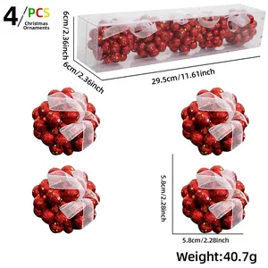 Set of 4 red glitter Christmas ball ornaments with white ribbon and clear box packaging