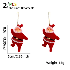 Two classic red flocked Santa Claus hanging ornaments with dimensions 8.5cm by 6cm for Christmas tree
