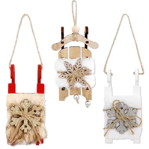 Set of 3 rustic wooden Christmas sled ornaments with faux fur and glittery snowflake details