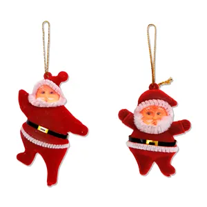Pair of red flocked Santa Claus Christmas tree ornaments with gold hanging strings