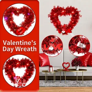 Festive Valentine's Day lighted heart wreath with red tinsel and cute gnomes decoration
