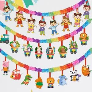 Cartoon Animal Train Children's Day Party Hanging Banner Rainbow Honeycomb Paper Garland For Birthday School Decoration